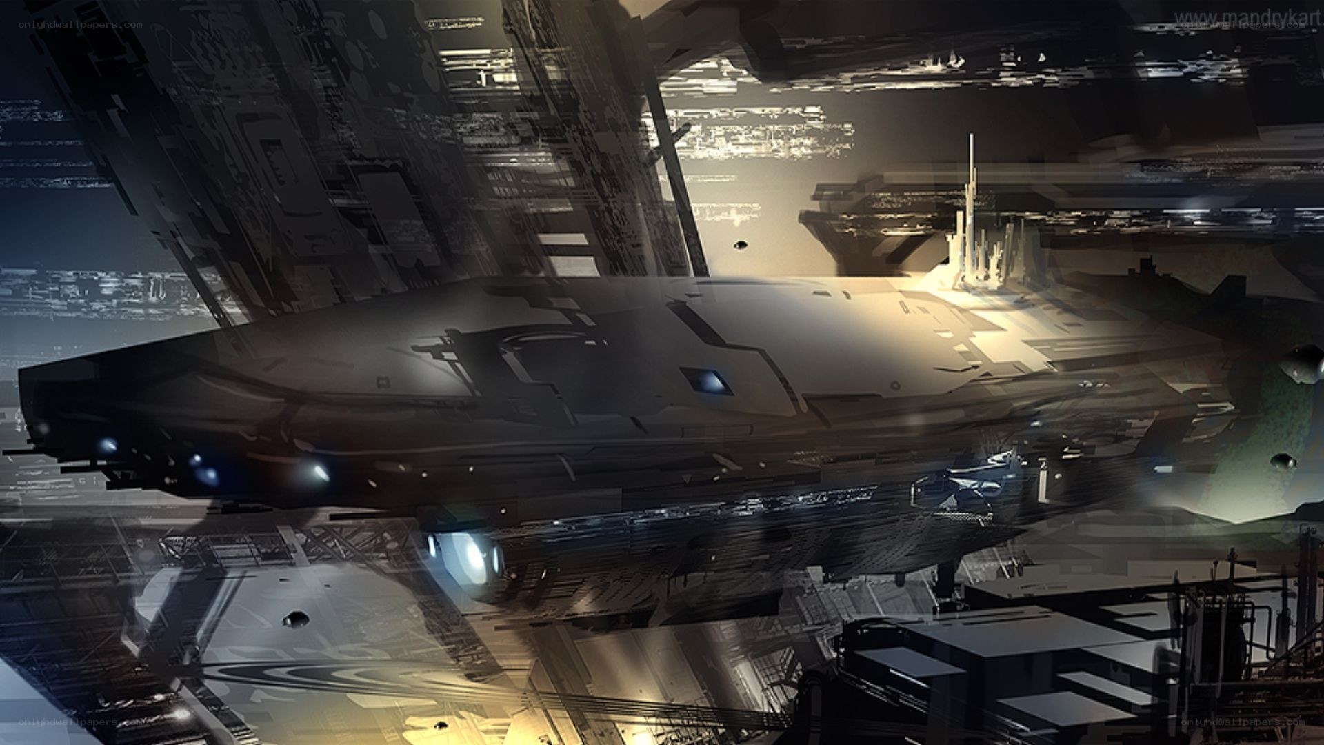 futuristic spaceship in space station