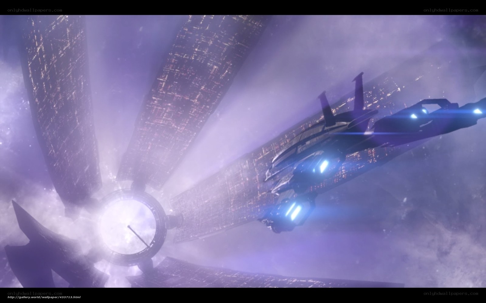 Futuristic spaceship near space station