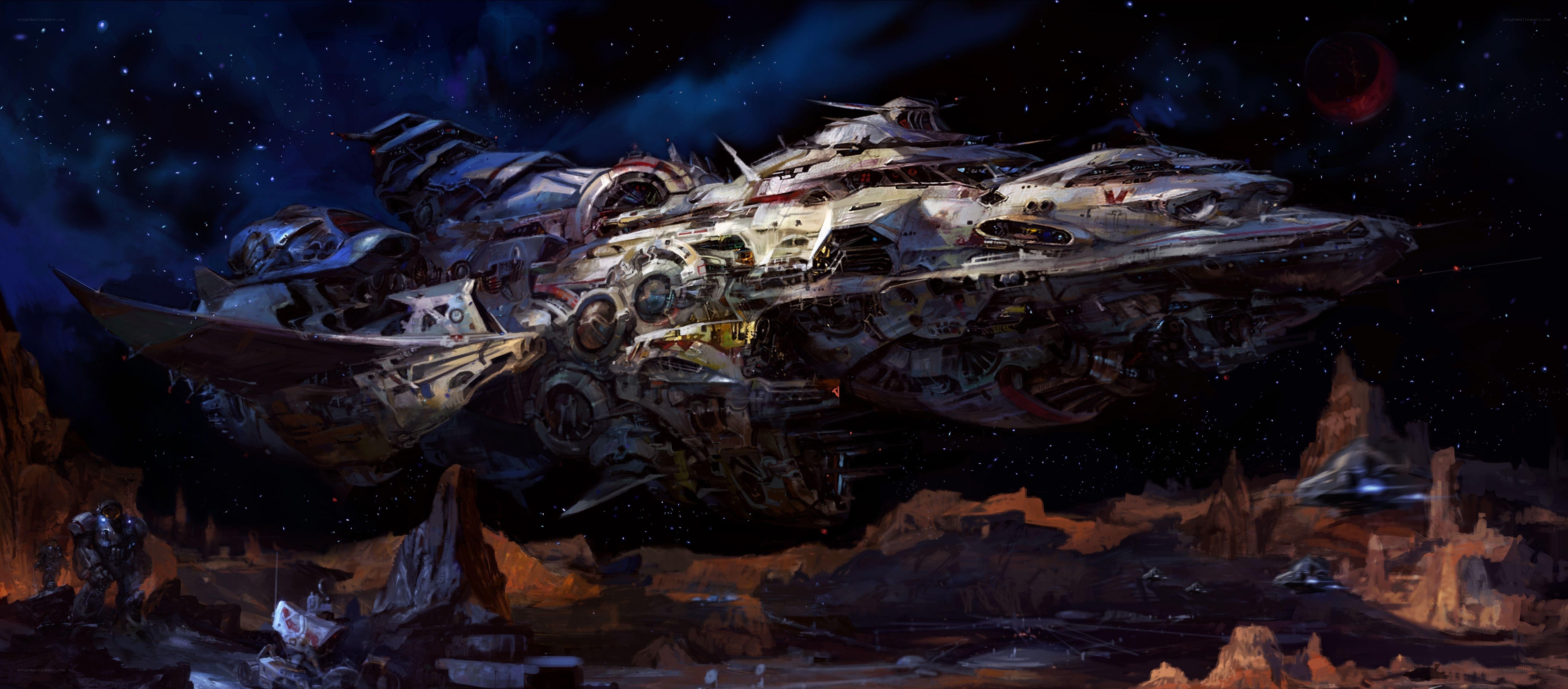 Futuristic spaceship on alien planet