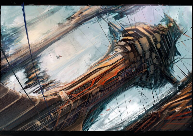 Futuristic Spaceship — Orange, Dramatic, Digital Art, Debris