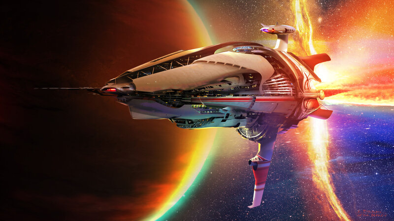 Futuristic Spaceship — Orange, Dramatic, Digital Art