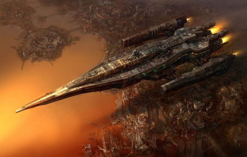 Futuristic Spaceship — Orange, Dramatic, Sunset, Digital Art, City, Engines, Spacecraft