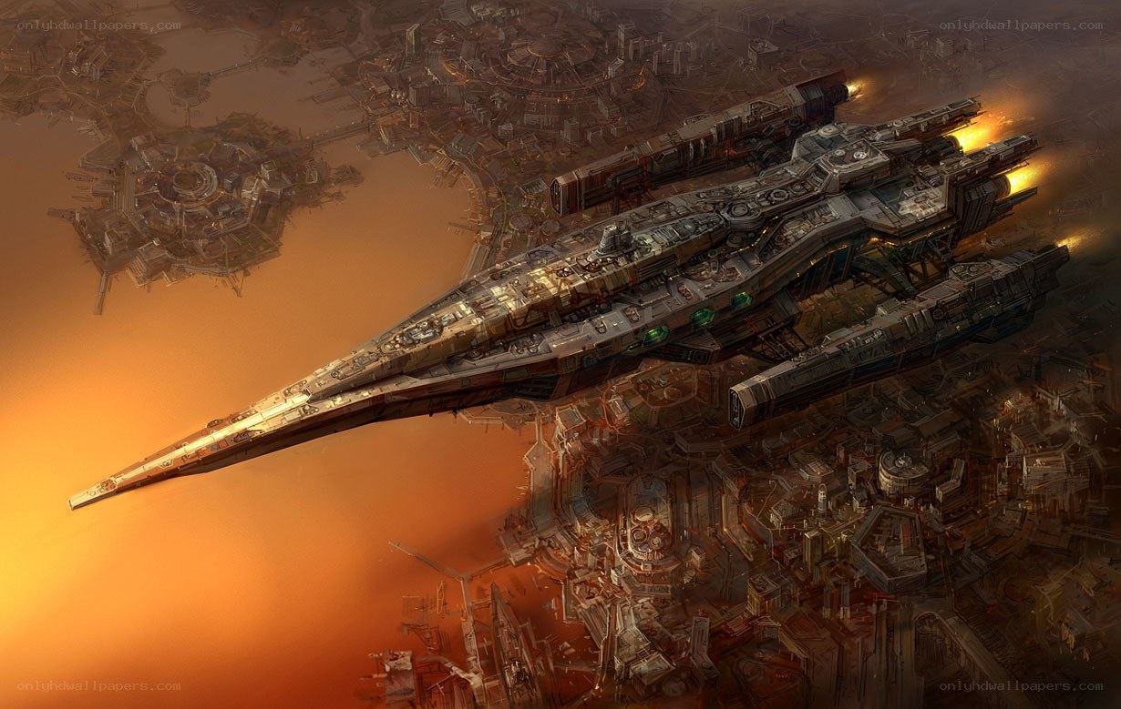 Futuristic spaceship over alien city
