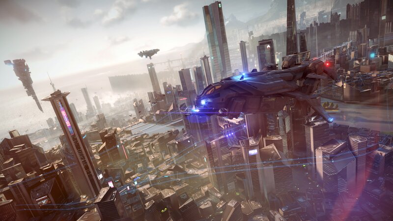 Futuristic Spaceship over City — Gray
