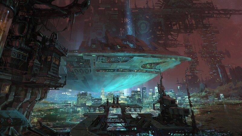 Futuristic Spaceship over City — Teal