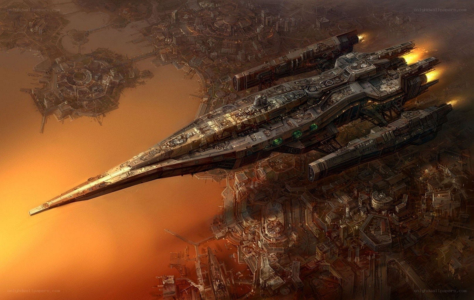 Futuristic spaceship over city