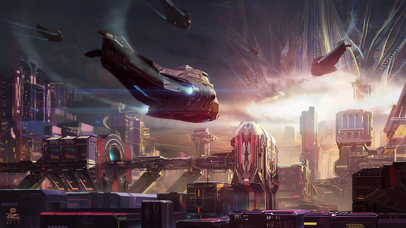 Futuristic Spaceship — Purple, Dramatic, Sunset