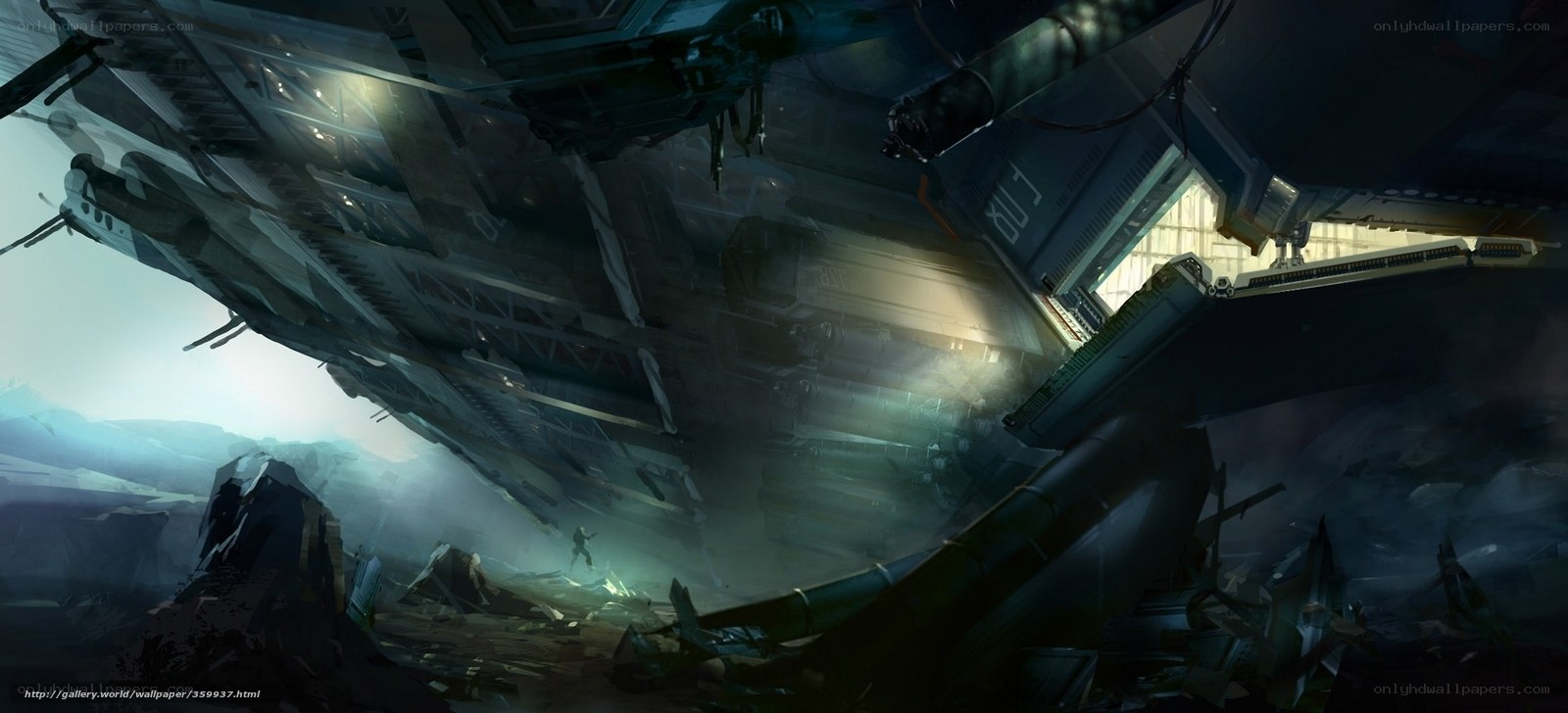 Futuristic spaceship wreckage