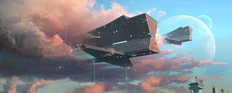 Futuristic Spaceships — Blue, Dramatic, Sunset