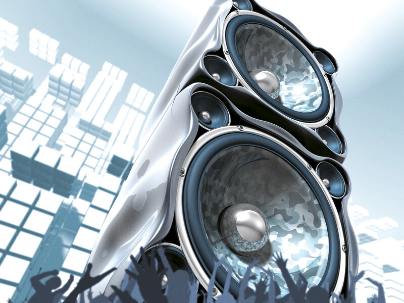 Futuristic speaker with crowd