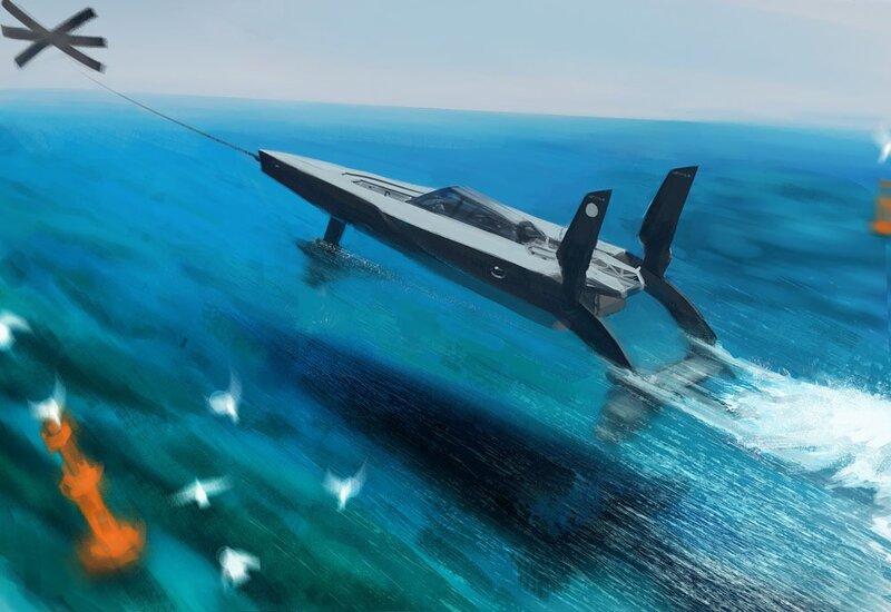 Futuristic speedboat on ocean