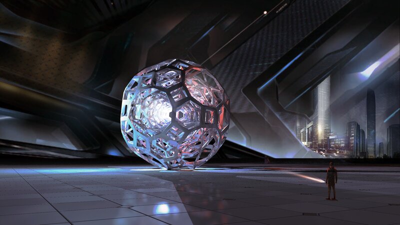 futuristic sphere in a city