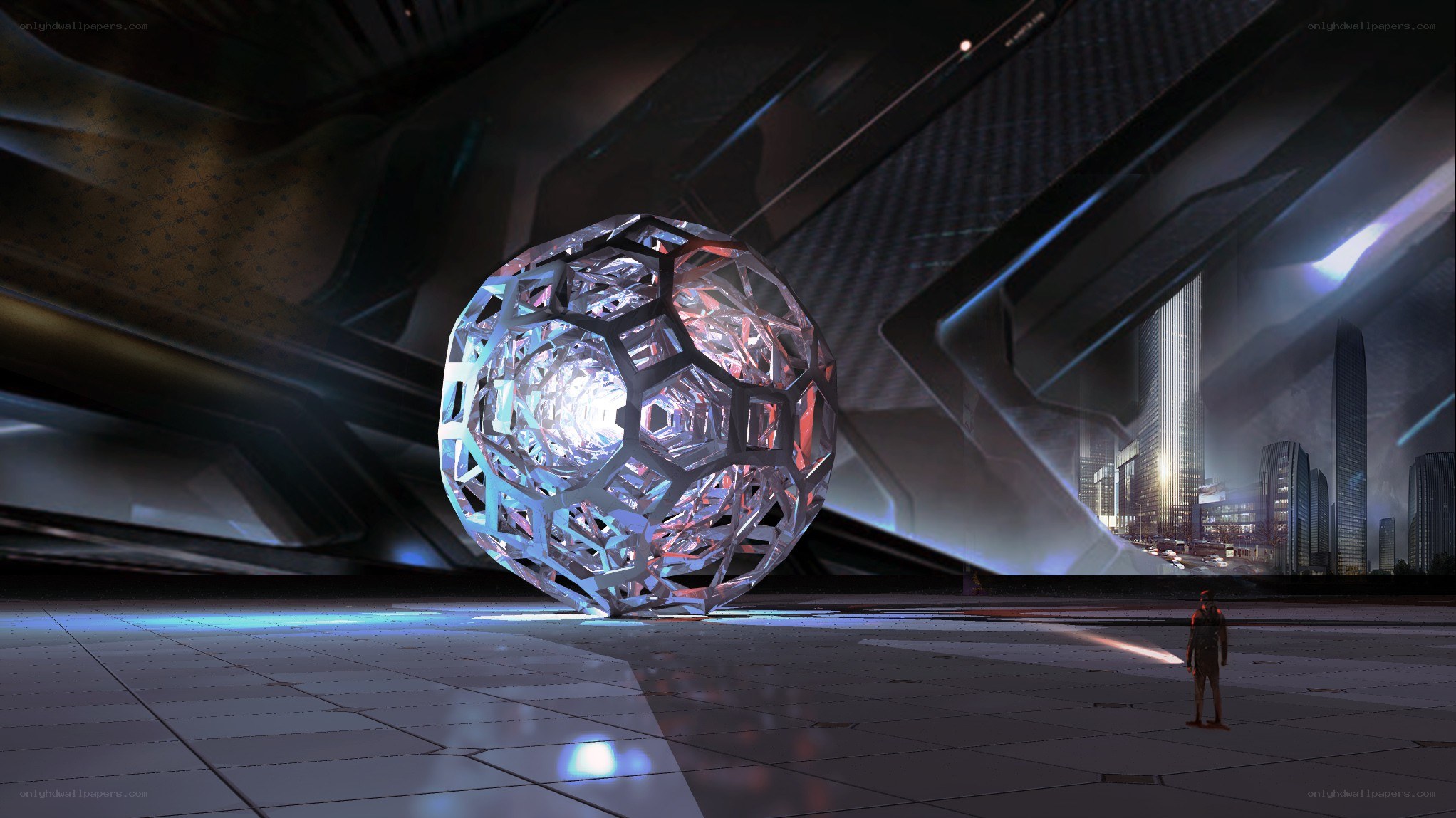 futuristic sphere in a city