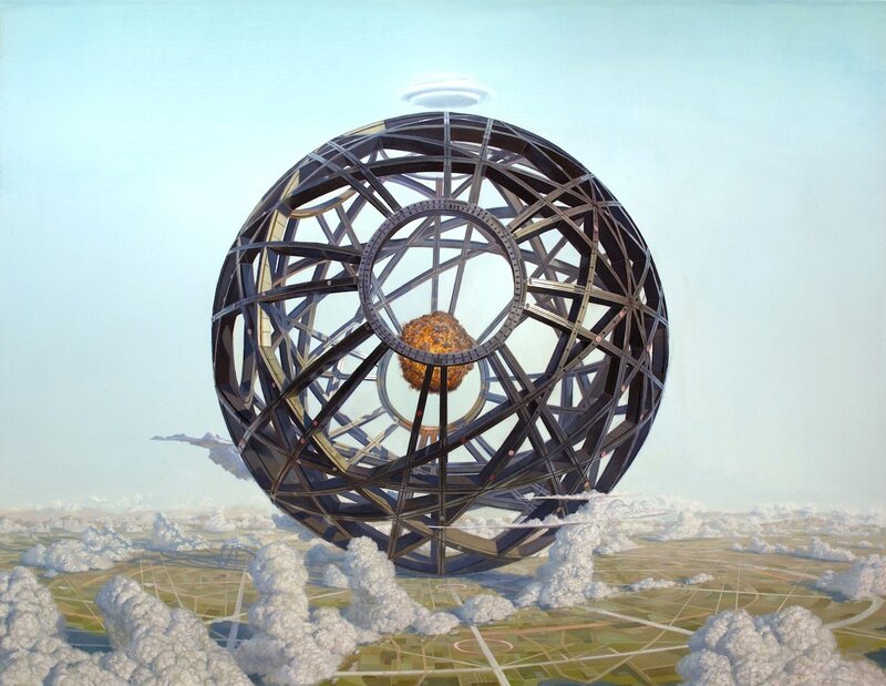 Futuristic sphere over clouds