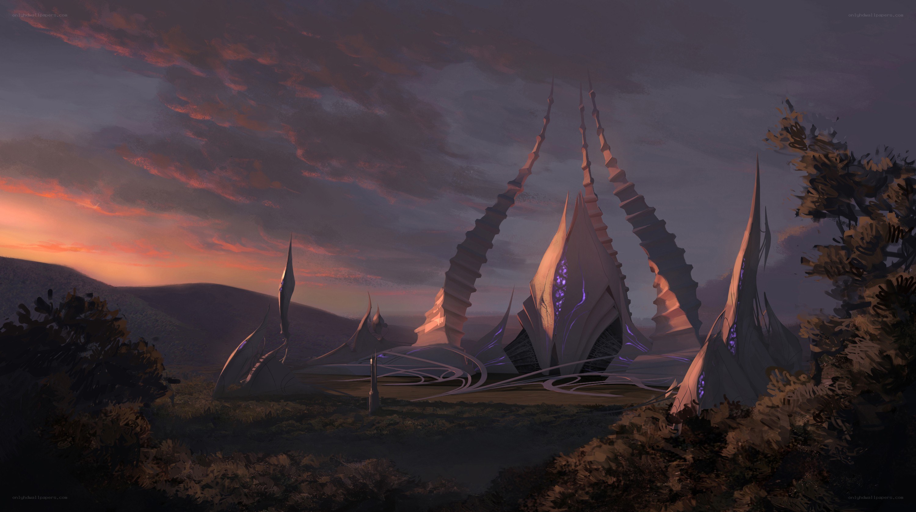 futuristic spires at sunset