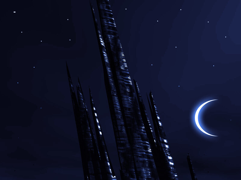 Futuristic spires under crescent moon