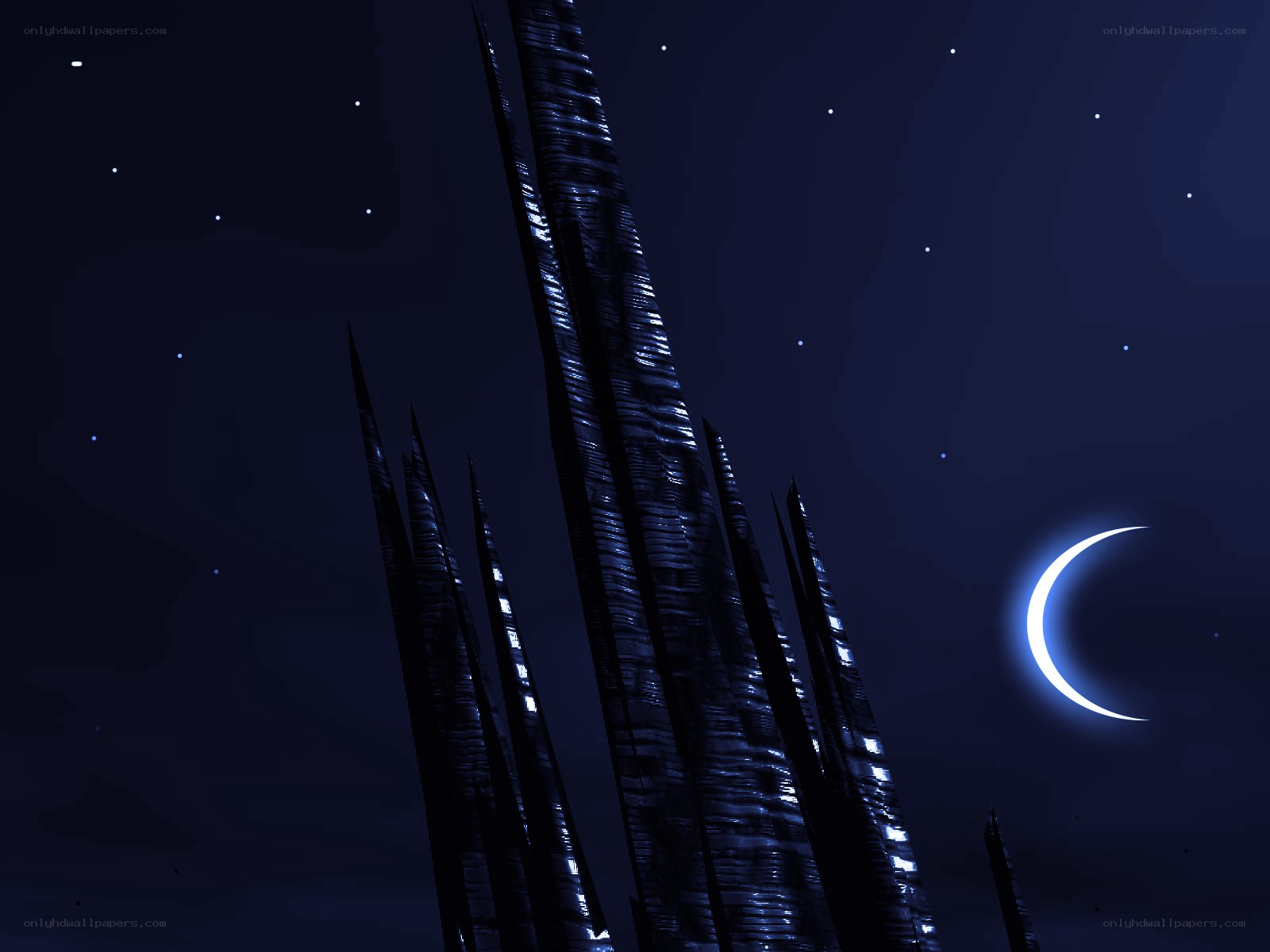 Futuristic spires under crescent moon