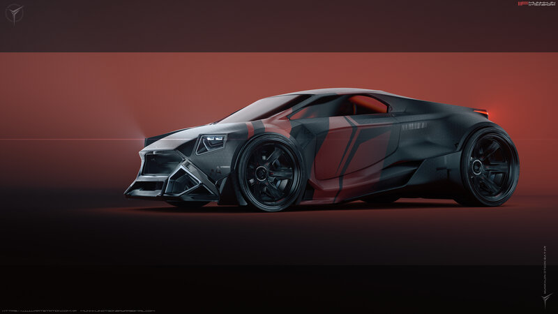 Futuristic Sports Car — Black, Dramatic, 3d Render, Red Lighting