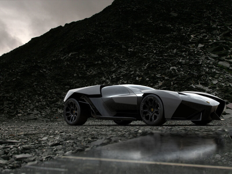 Futuristic Sports Car — Black, Dramatic, 3d Render, Rock Pile, Puddle