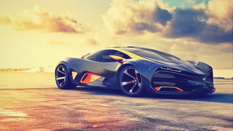 Futuristic Sports Car — Black, Dramatic, Sunset