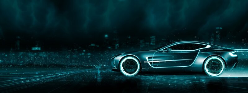 Futuristic Sports Car — Blue, Night, 3d Render, City Skyline, Neon Lights, Digital Grid