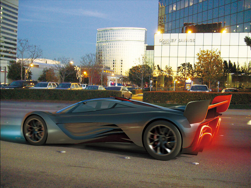 Futuristic Sports Car — Gray, Dramatic, Sunset, 3d Render, Buildings