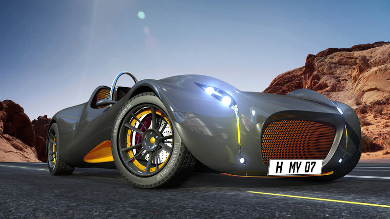 futuristic sports car in desert
