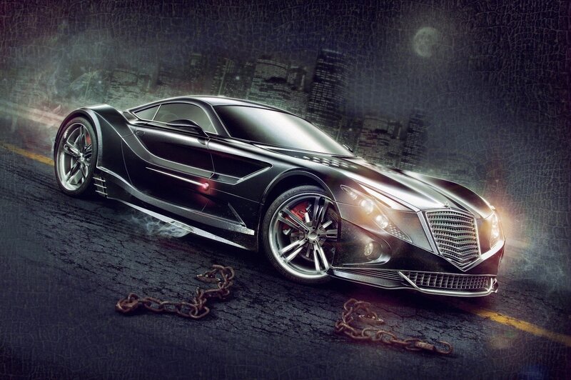futuristic sports car on city street