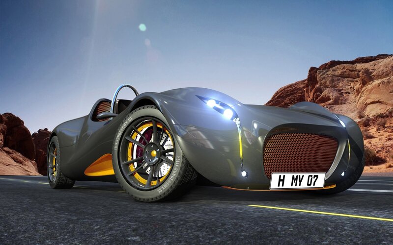 futuristic sports car on desert road