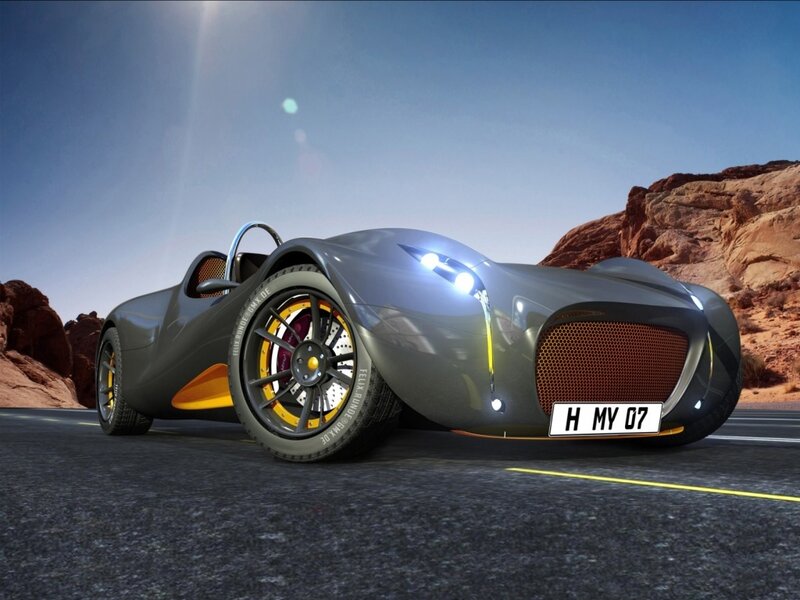futuristic sports car on desert road