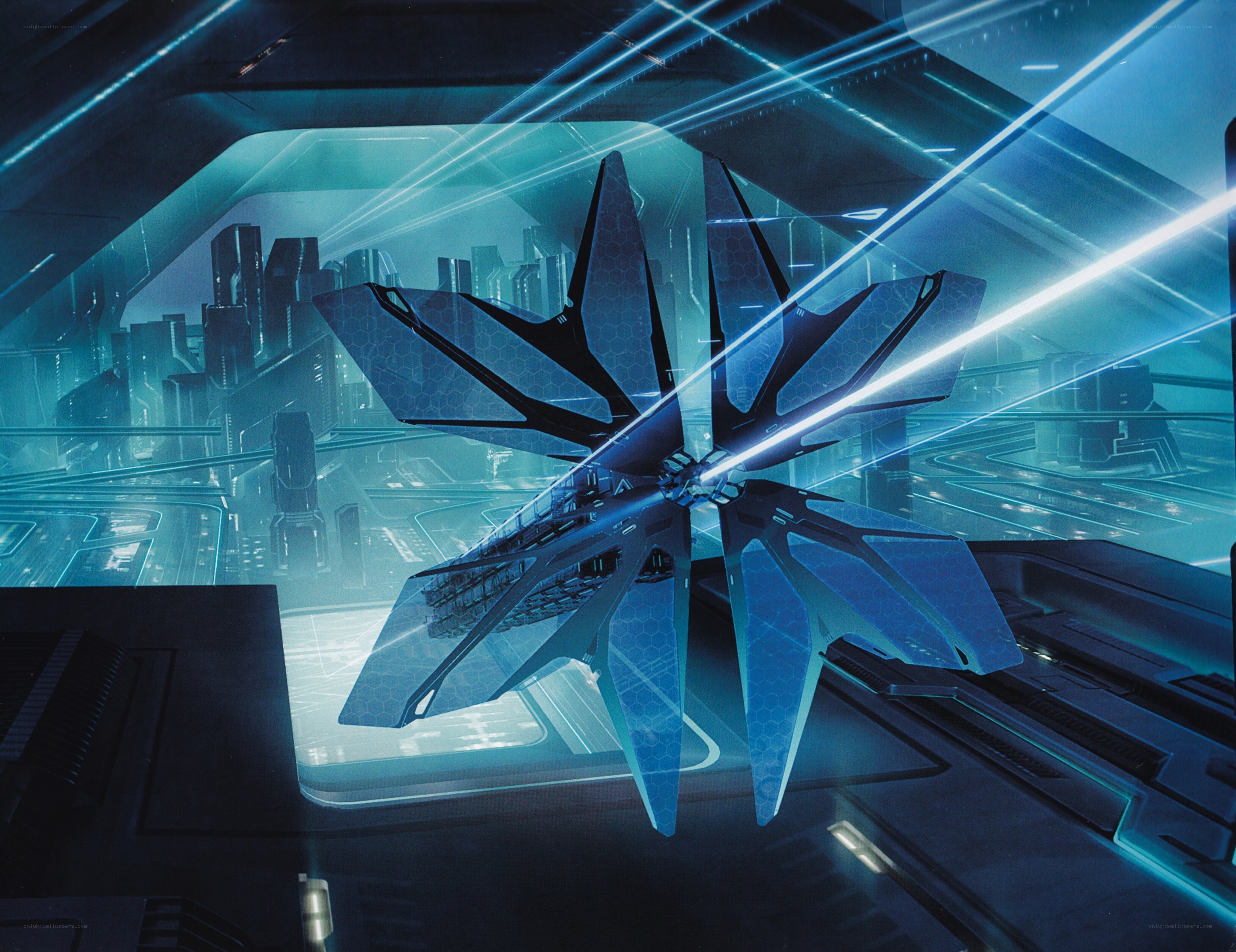 futuristic starship in city