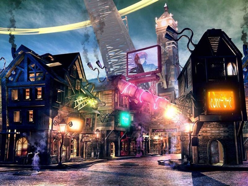 futuristic steampunk cityscape