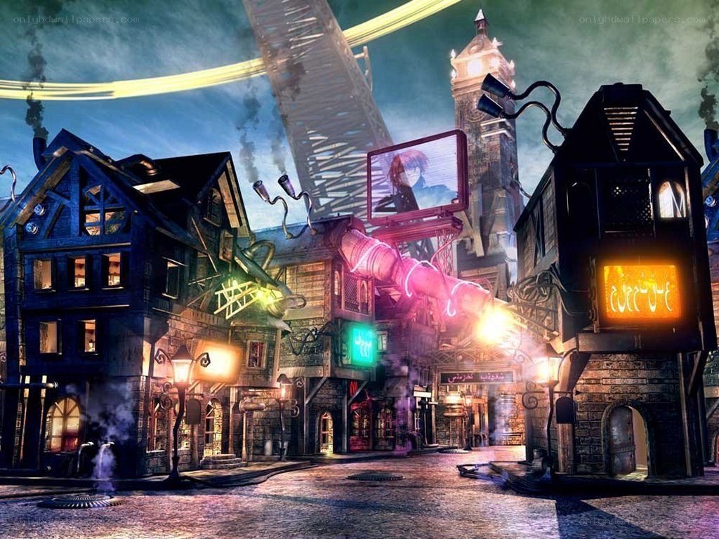 futuristic steampunk cityscape