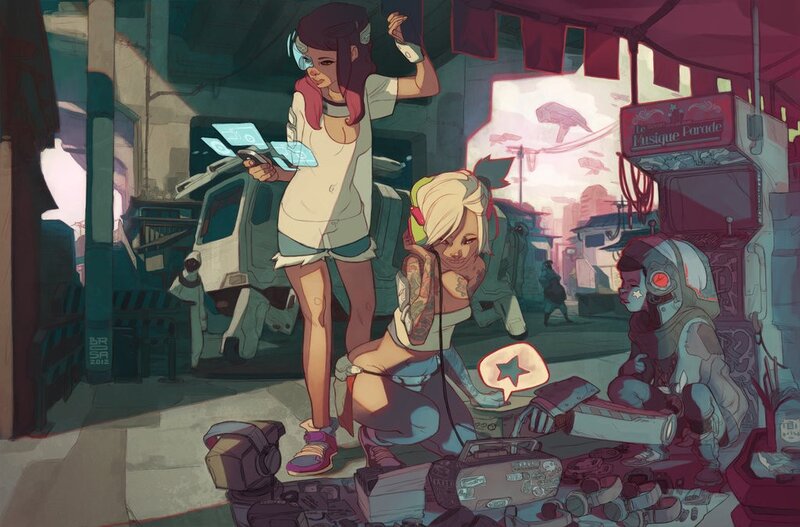 futuristic street scene with characters