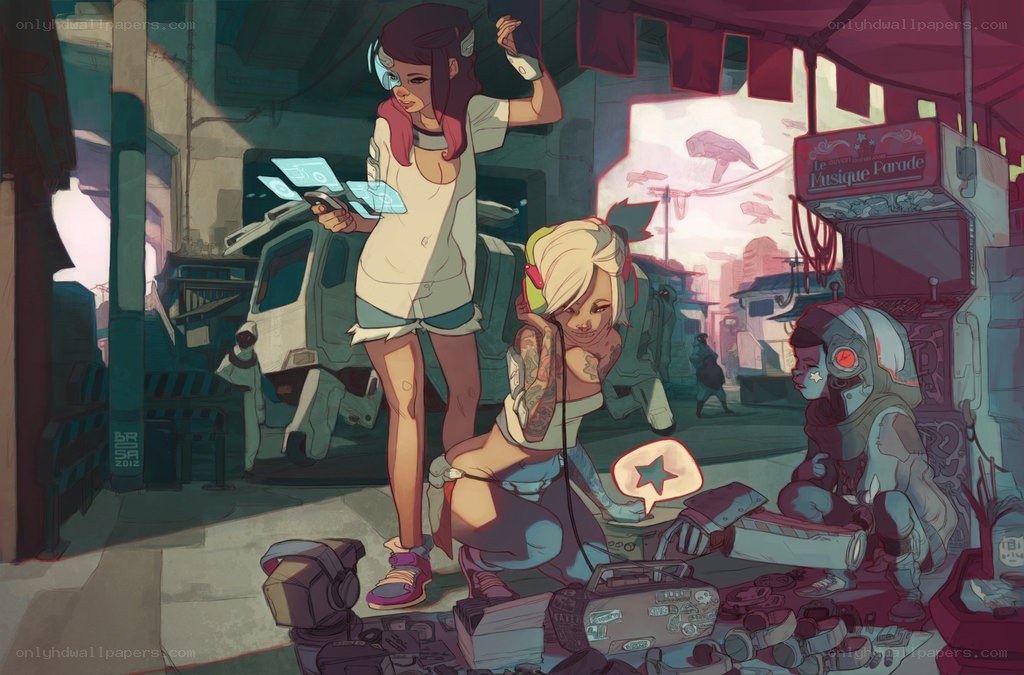 futuristic street scene with characters