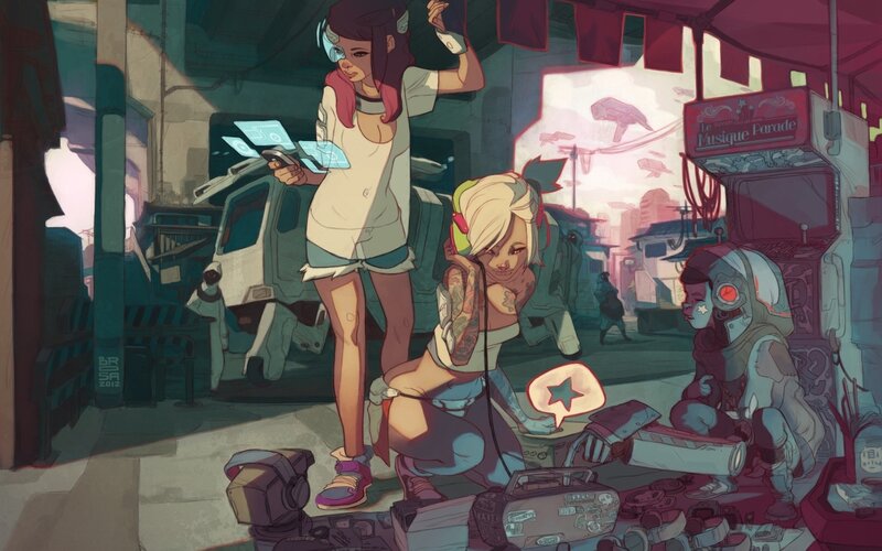 Futuristic street scene with characters