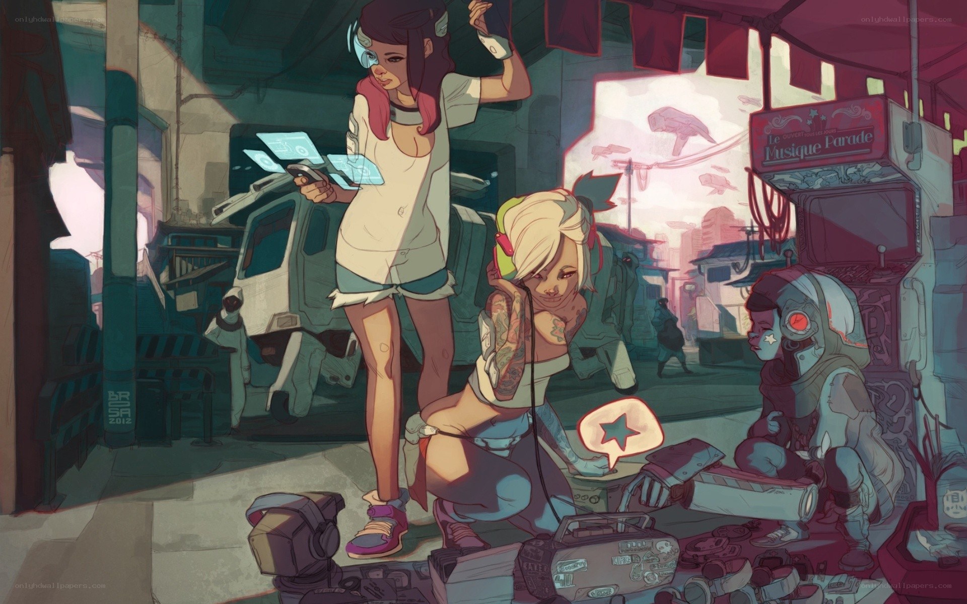 Futuristic street scene with characters