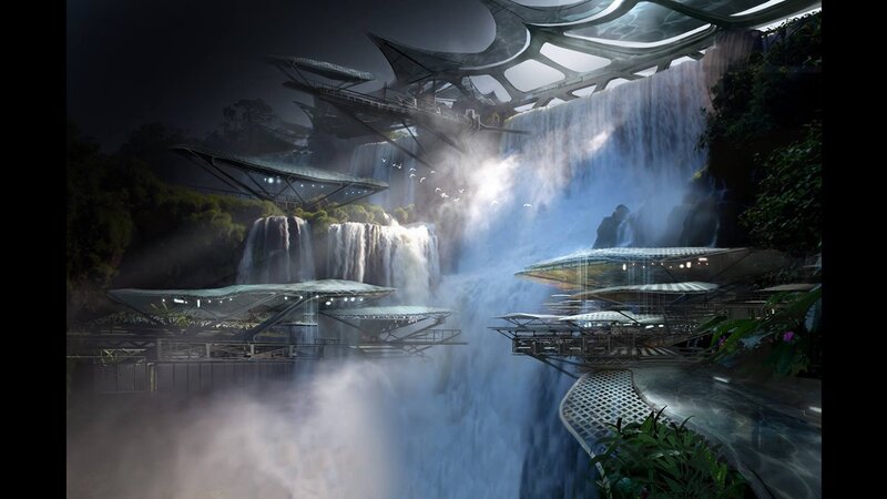 Futuristic Structures by Waterfall