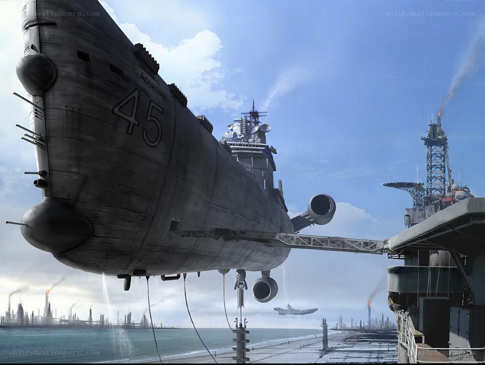 Futuristic submarine docked at port