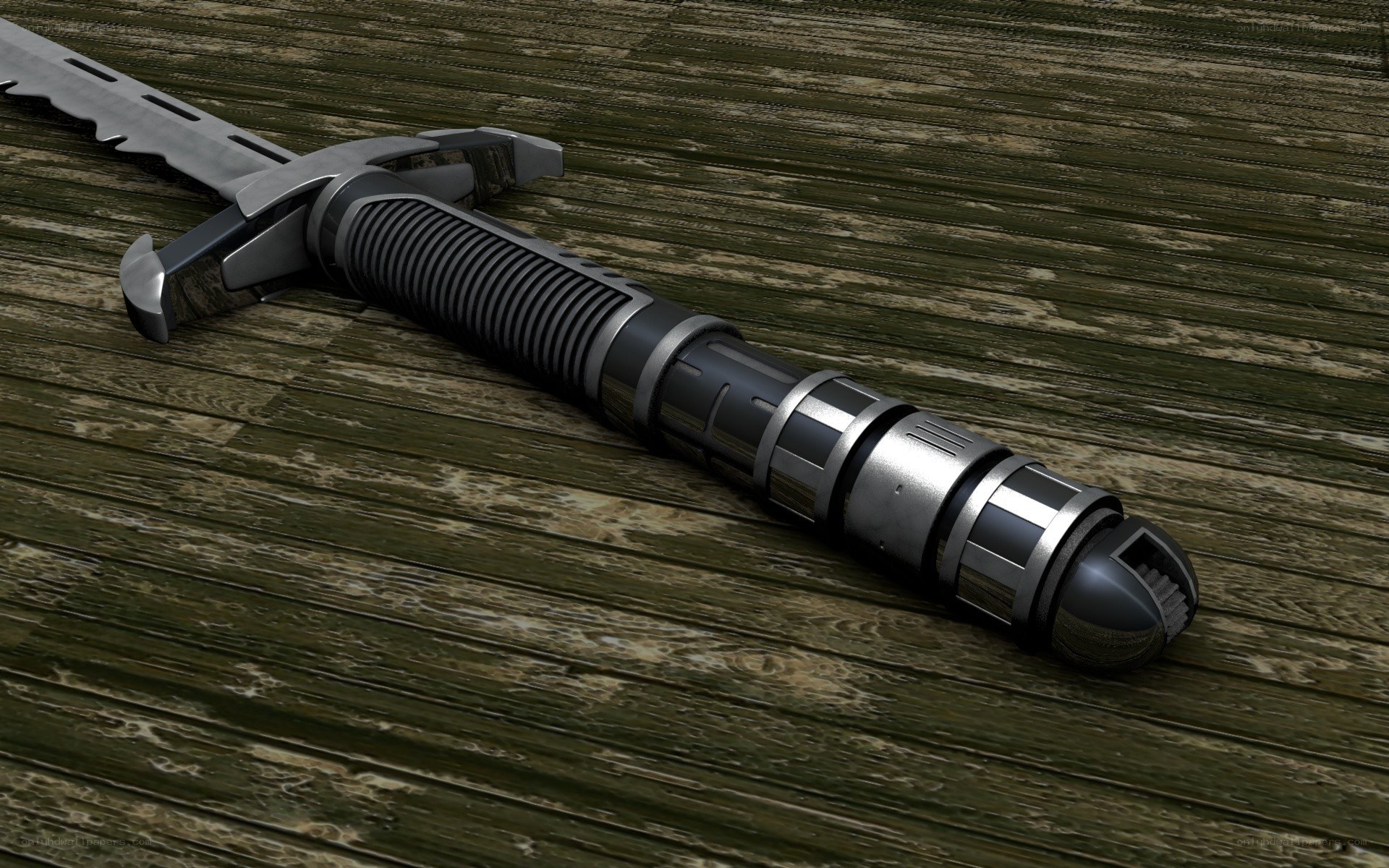 futuristic sword on wood