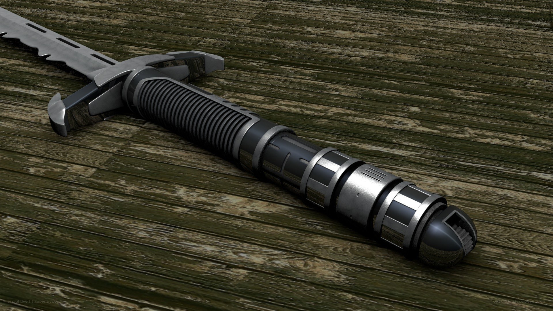 futuristic sword on wood