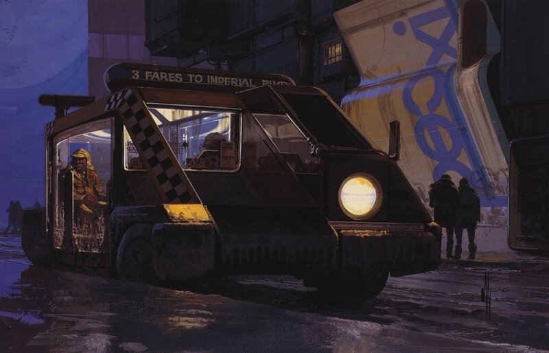 Futuristic taxi in a rainy city