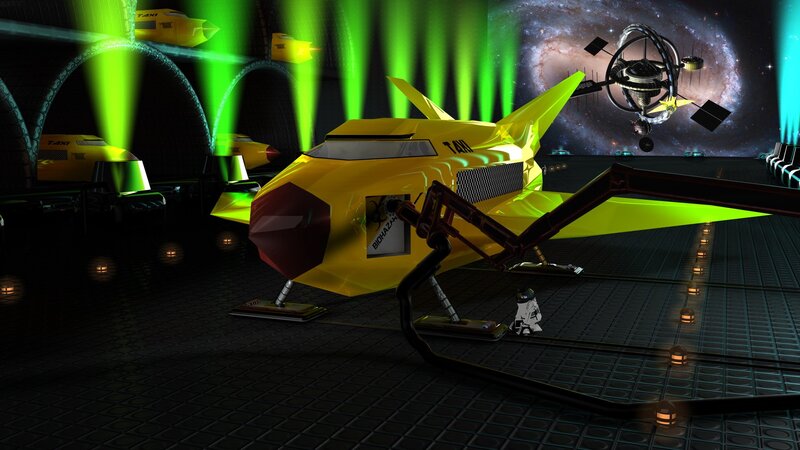 Futuristic taxi in space hangar