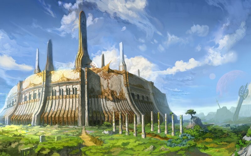 futuristic temple on alien world