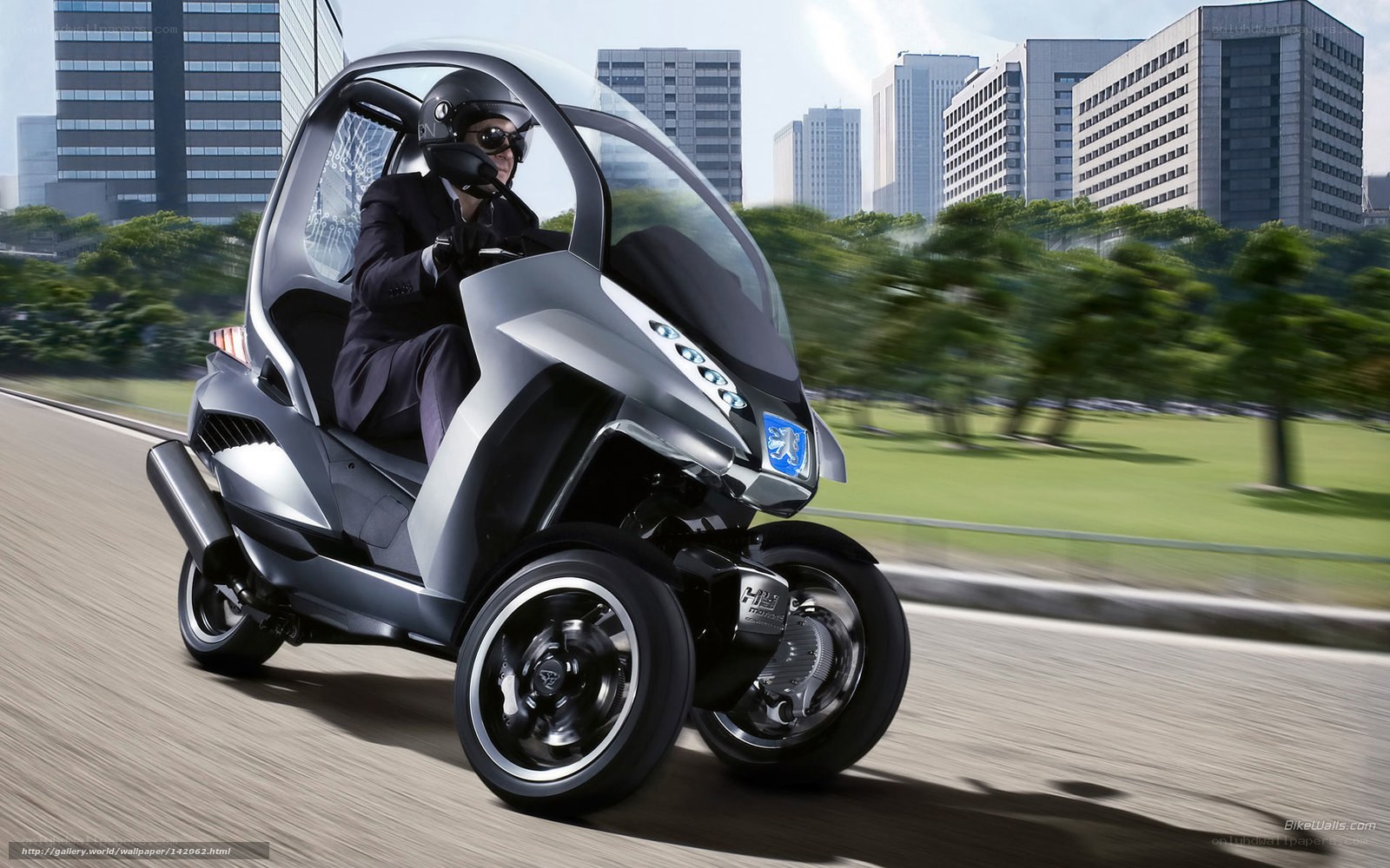 futuristic three-wheeled vehicle in city