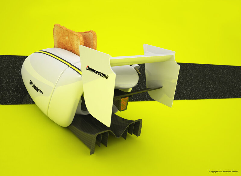 Futuristic toaster with race car parts