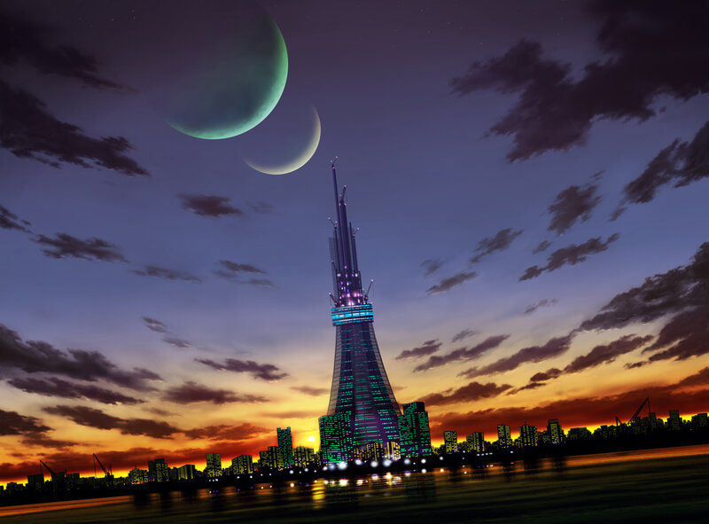 Futuristic tower at dusk