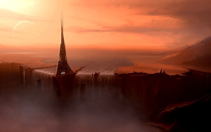 futuristic tower at sunset