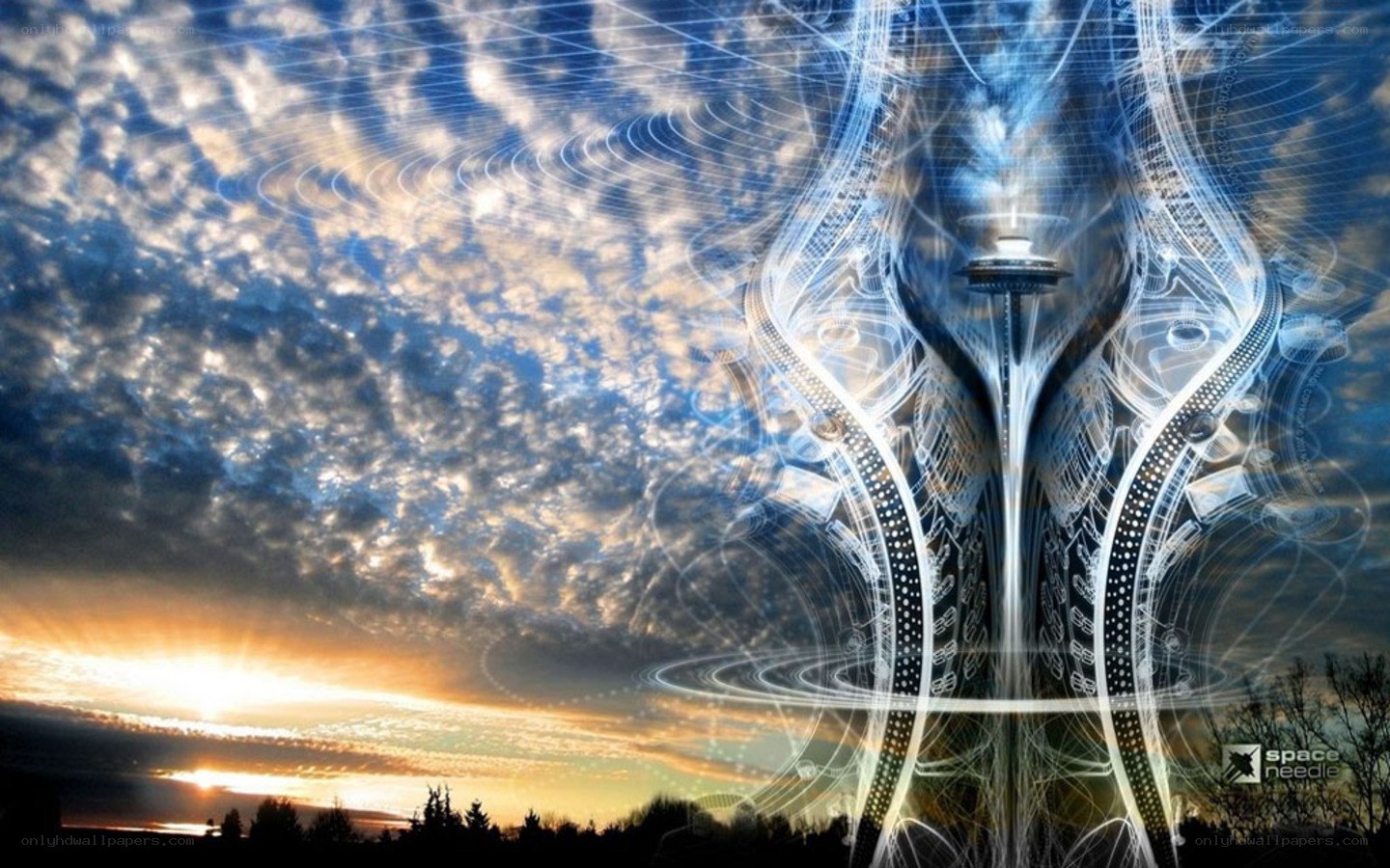 futuristic tower at sunset