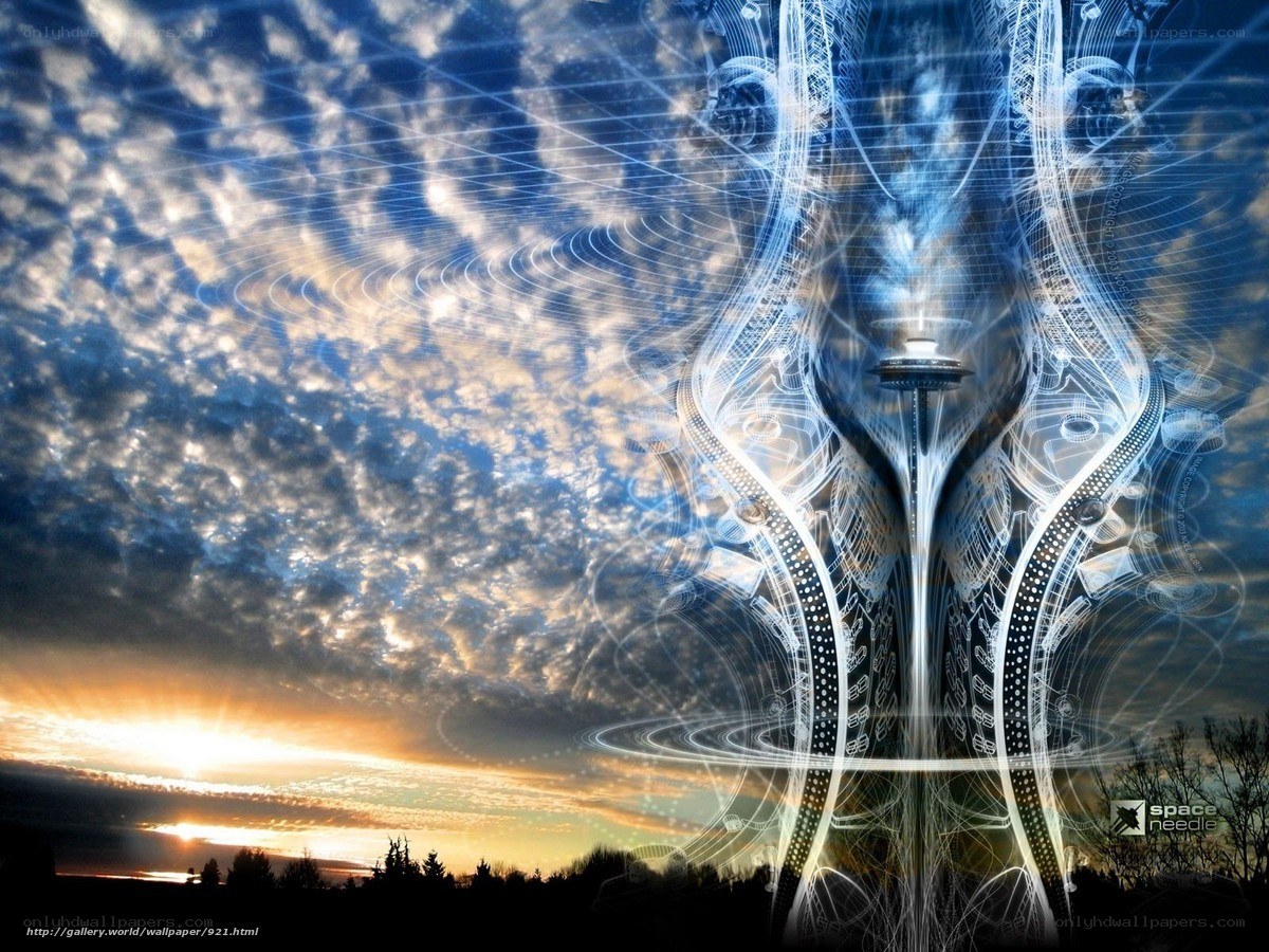 Futuristic tower at sunset